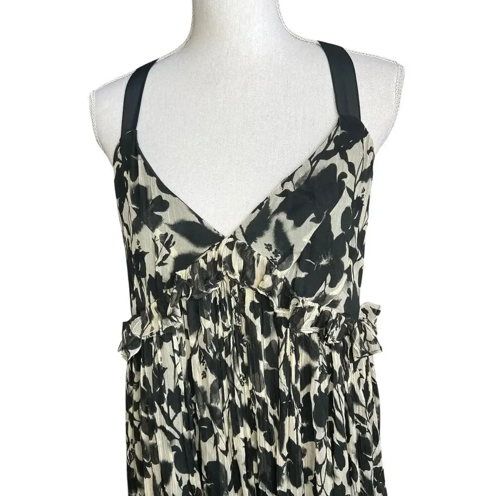 J.Crew collection chiffon ruffle trim maxi dress black & cream floral flowy 14